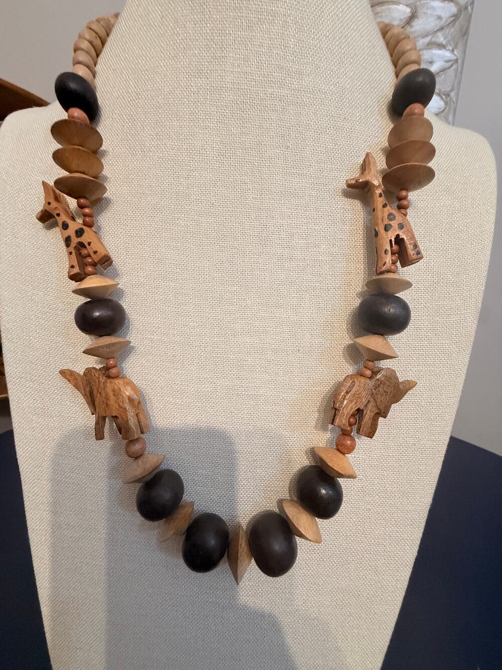 Vintage 26” Safari Animal Wood Bead Statement Necklace